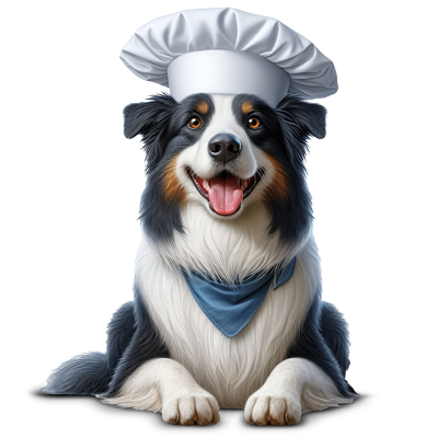 Perro con gorro de chef asociado a snacks de ternera Gentle Chef