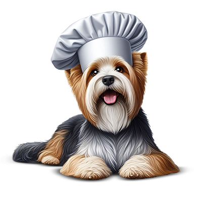 Perro de pelo largo con gorro de chef representando Gentle Chef