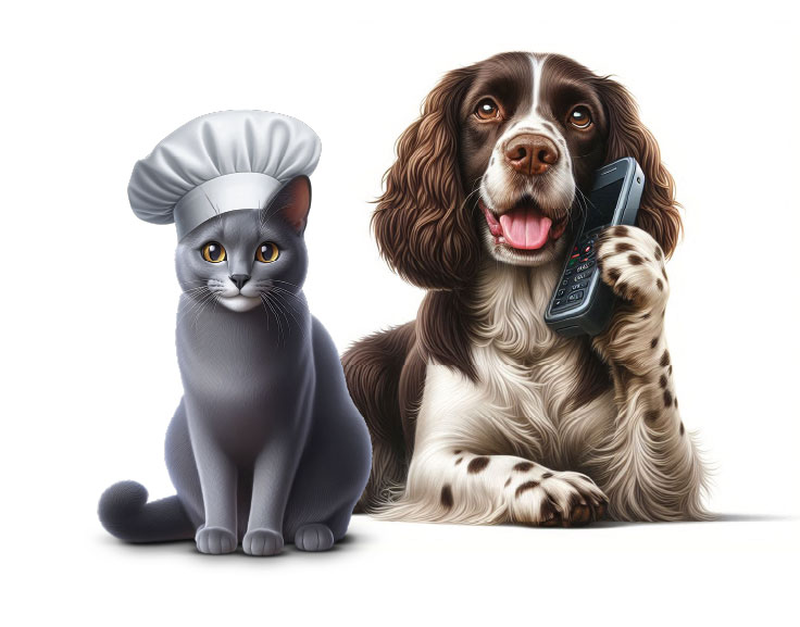 Perro y gato con gorros de chef como imagen de contacto Gentle Chef