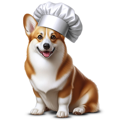 Perro pequeño con gorro de cocinero asociado a la gama Aritos