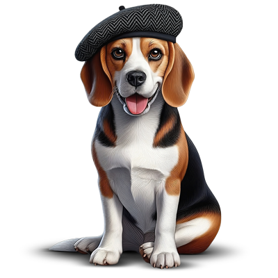 Beagle con gorro de chef asociado a premios y snacks Gentle Chef