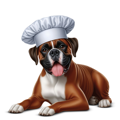 Perro senior vestido de chef asociado a snacks para perros