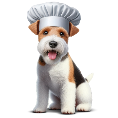 Cachorro con gorro de cocinero asociado a Delicias de pato y pollo