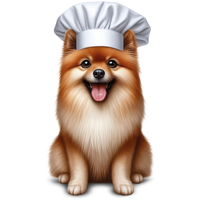 Perro de pelo largo con gorro de chef representando snacks enrollados