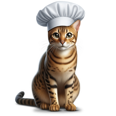 Gato bengalí vestido de chef asociado a premios para gatos