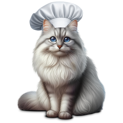 Gato angora con gorro de cocinero representando snacks felinos