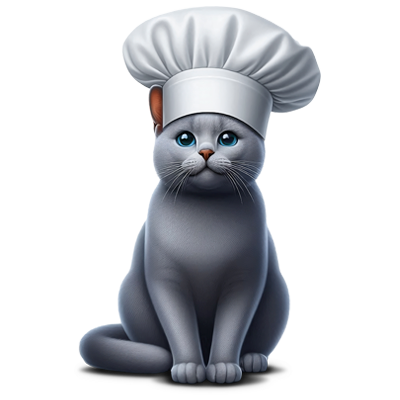 Gato gris con gorro de chef representando las delicias felinas