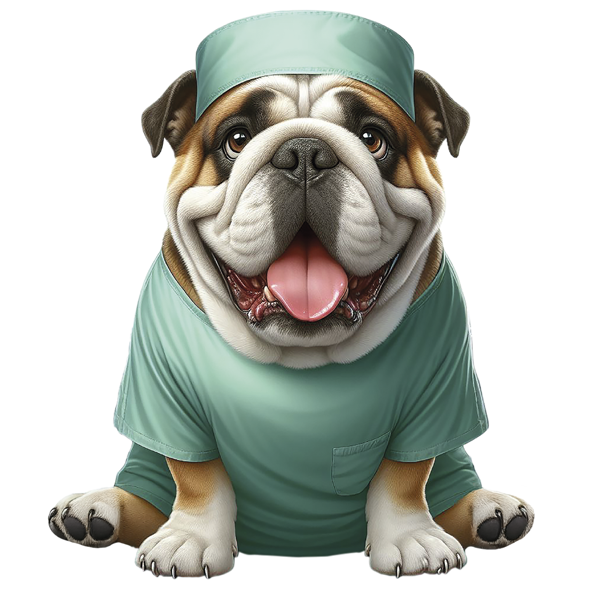 Bulldog ilustrado con ropa verde asociado a un stick dental