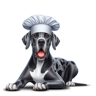 Gran danés con gorro de chef como imagen de alimentación para perros grandes