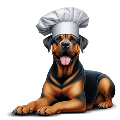 Perro con gorro de cocinero representando los Huesitos Gentle Chef