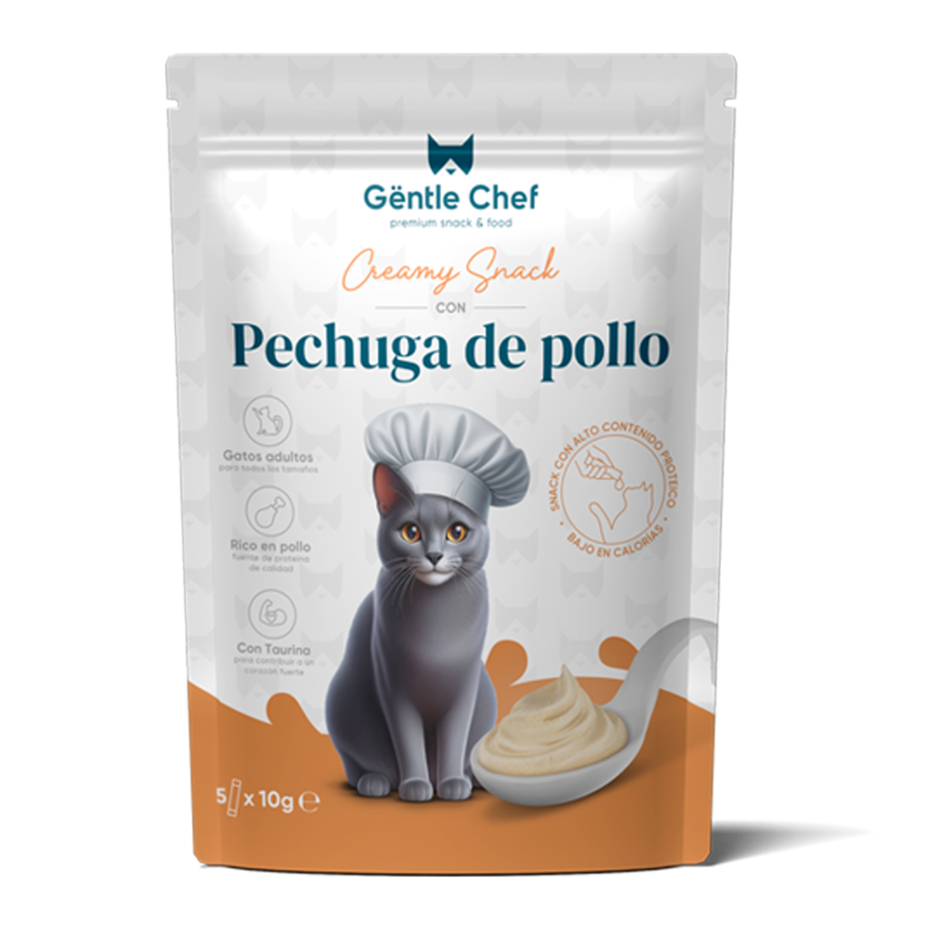Envase de snack cremoso elaborado con pechuga de pollo