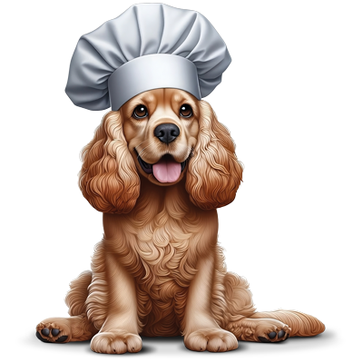 Perro con gorro de chef representando palitos con pescado