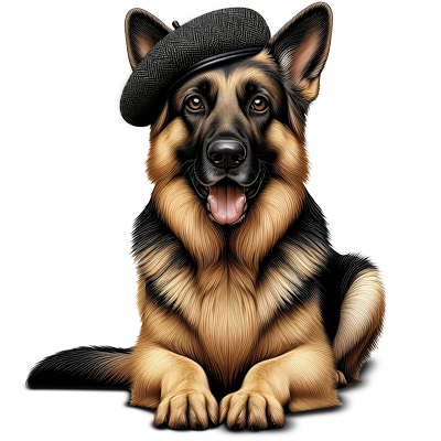 Pastor alemán con gorro de chef como imagen de alimentación canina