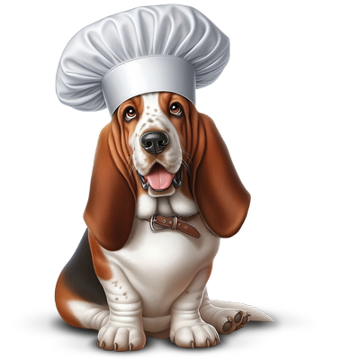 Perro con gorro de cocinero asociado a snacks recubiertos de pollo