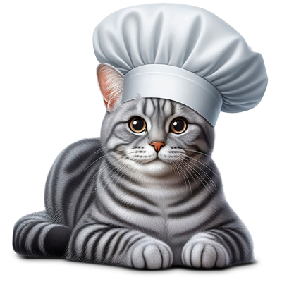 Gato atigrado con gorro de cocinero representando terrinas para gatos