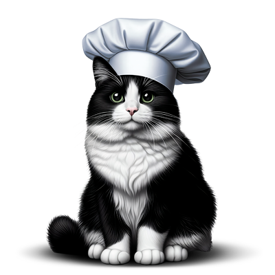 Gato blanco y negro con gorro de cocinero asociado a snacks rellenos