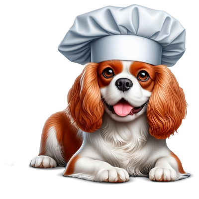 Perro pequeño con gorro de chef vinculado a la gama de terrinas