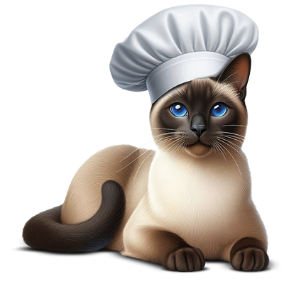Gato siamés con gorro de cocinero como imagen de alimentación felina