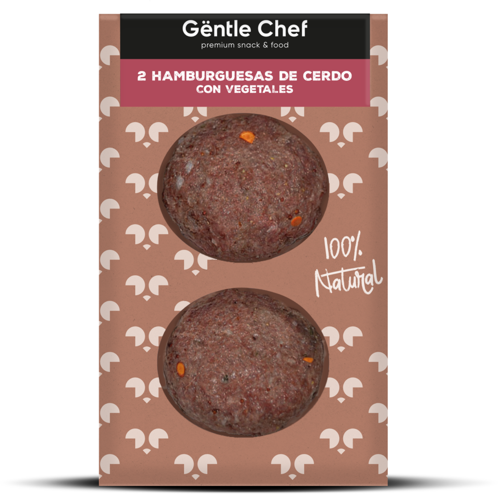 Envase de hamburguesas de cerdo para alimentación canina