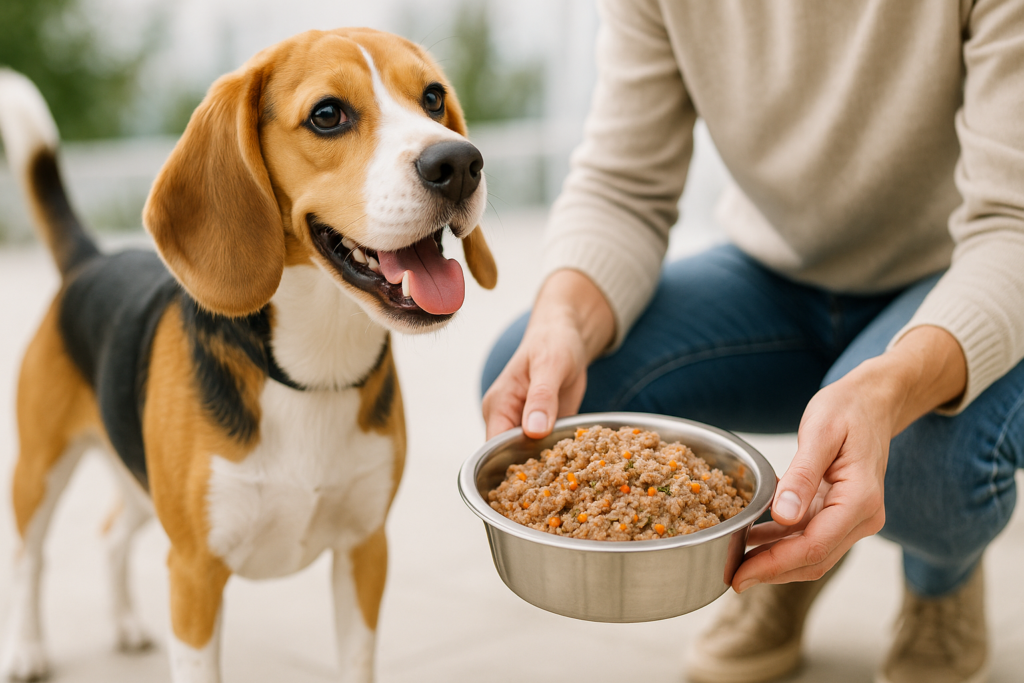 Perro dorado junto a su comida BARF1