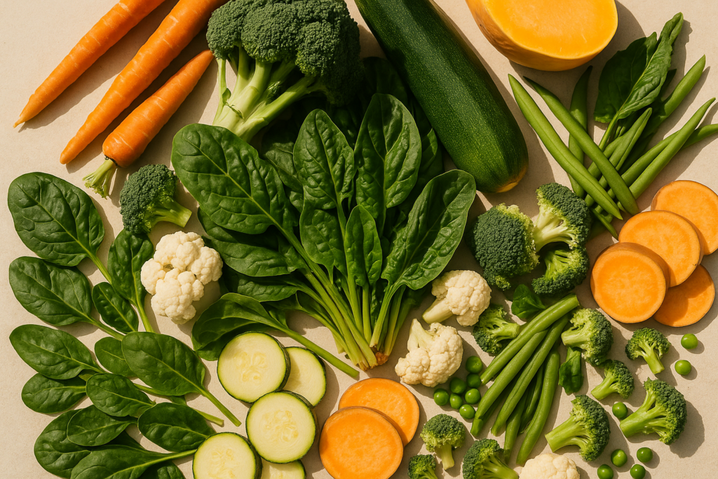 Selección de vegetales verdes y alimentos naturales frescos